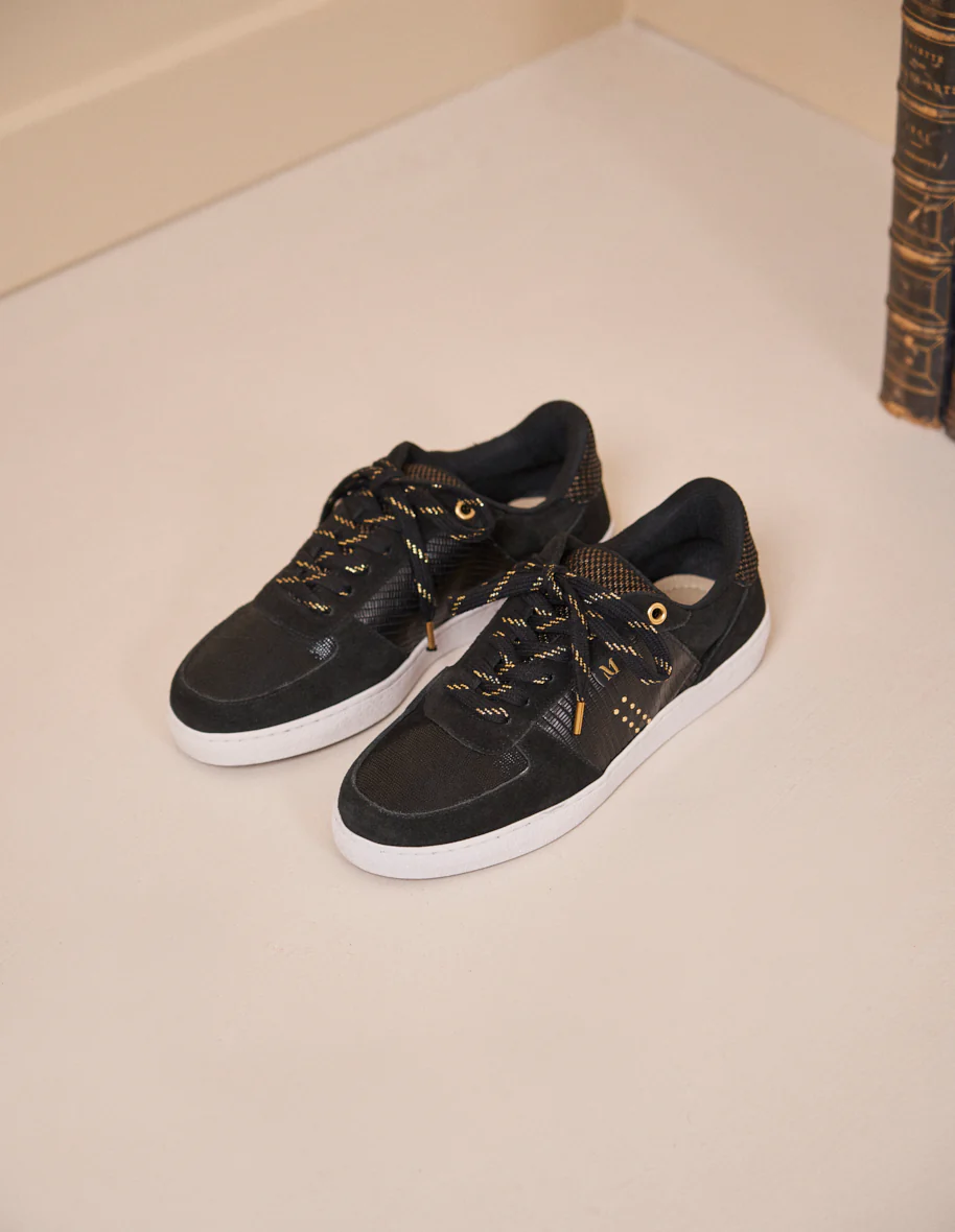 Baskets basses Marie - Cuir lézard, suède et PDP noir