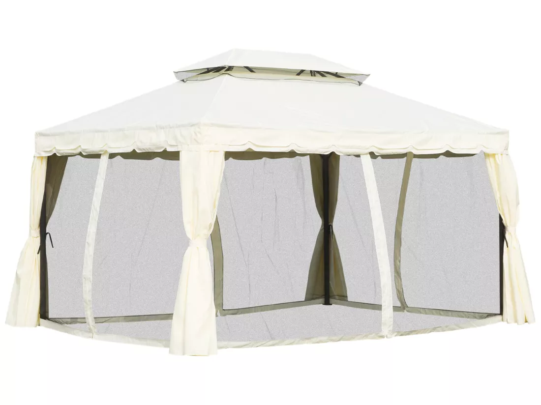 Tonnelle barnum pavillon de jardin style colonial double toit toile moustiquaires et toiles amovibles 3,9L x 2,9l x 2,7H m écru
