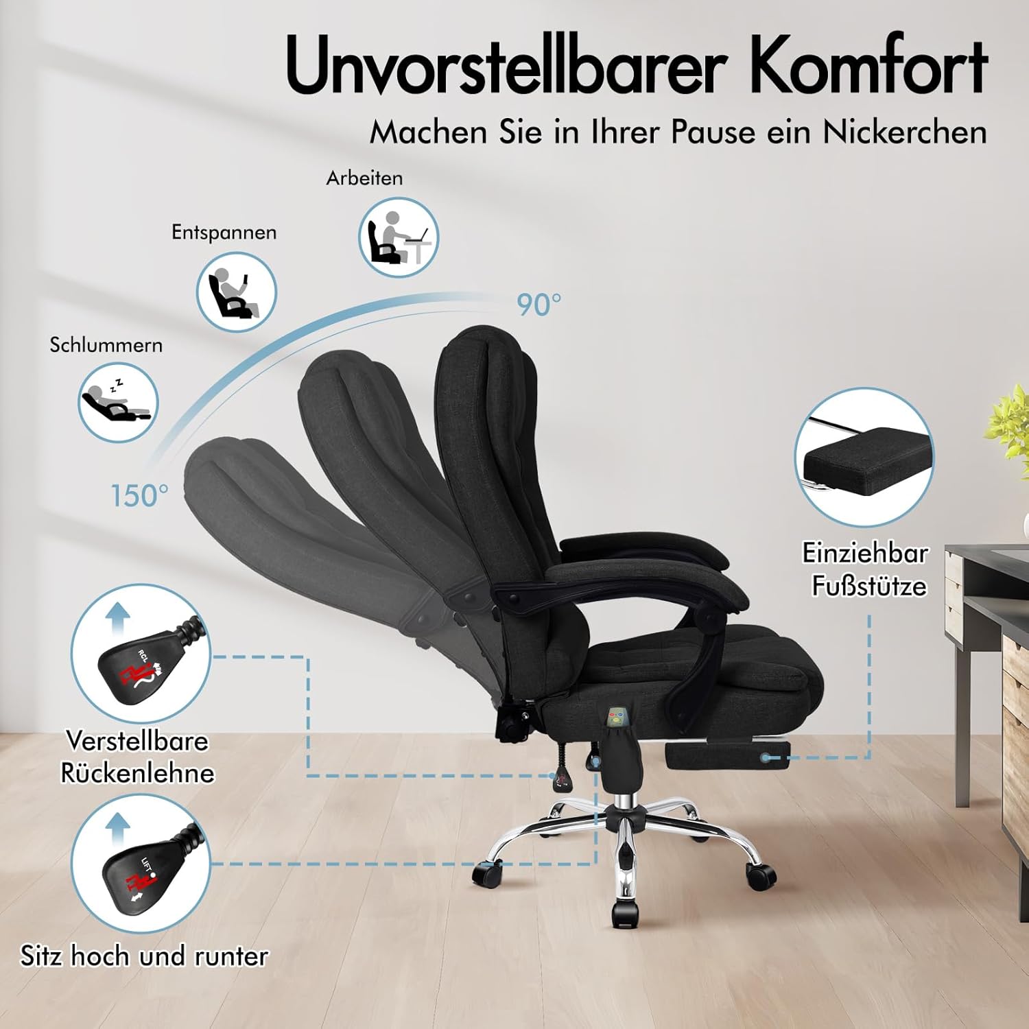 ALFORDSON Bürostuhl mit Massagefunktion, ergonomisches Design mit großer Sitzpolsterung, Lendenwirbelstütze, Rollen, für reibungslose Mobilität im Büro, Schwarz, Leinen Fabric