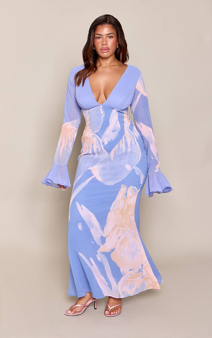 Bleu Robe Maxi À Décolleté Plongeant Avec Manches Évasées Et Imprimé Floral Ajustée