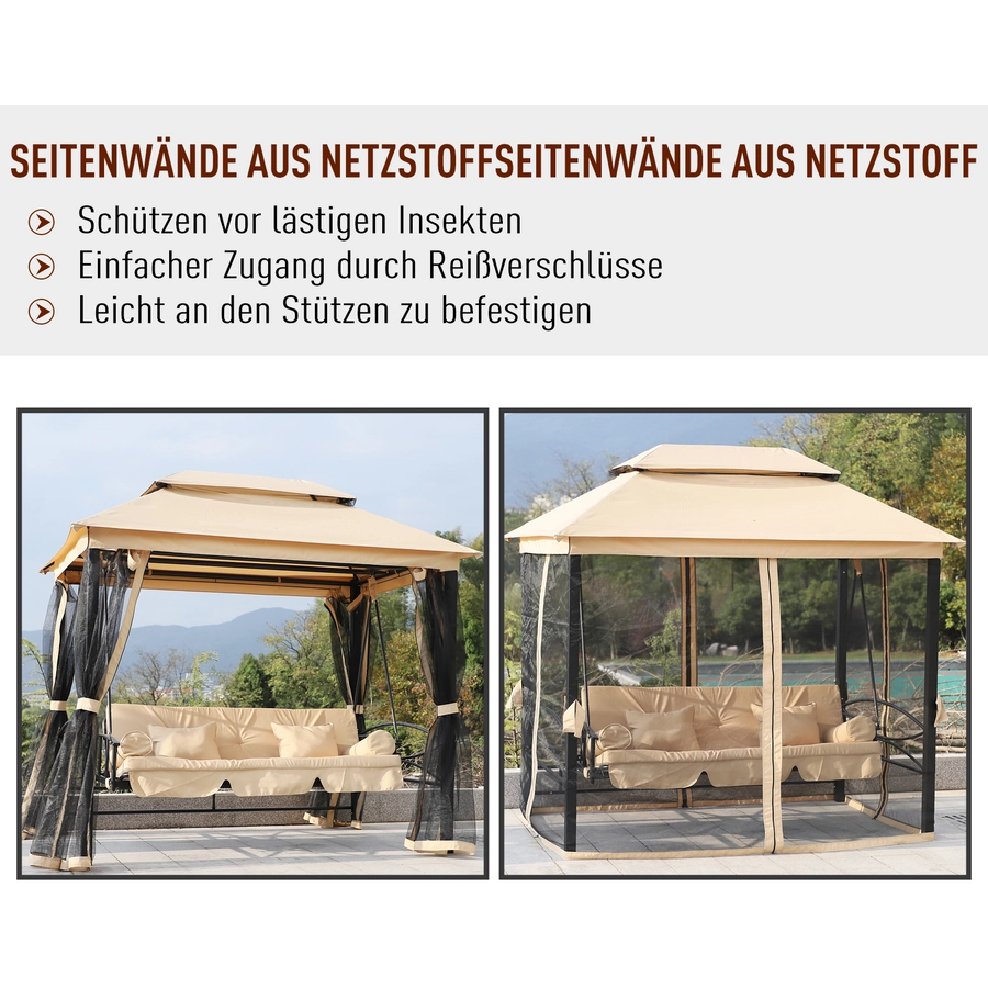HOMCOM Hollywoodschaukel 3-Sitzer mit Seitenwänden und Liegefunktion beige