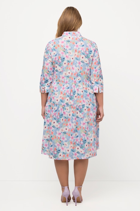 Hemdblusenkleid, Blüten, A-Linie, Hemdkragen, 3/4-Arm