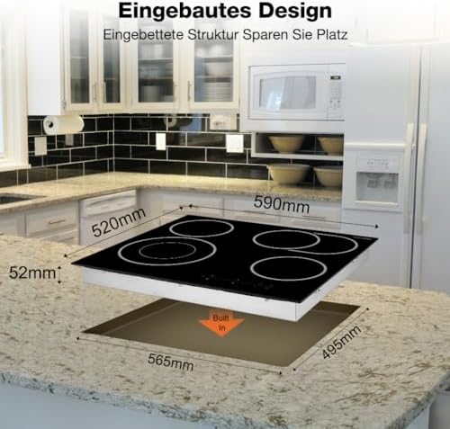 Thermomate 60cm Table de cuisson Vitrocéramique 4 Feux 6600W Encastrable Plaque Vitrocéramique Intégré, Commande Tactile, Verrou Pour Enfants, Minuterie, [Classe énergétique A ] : Gros électroménager