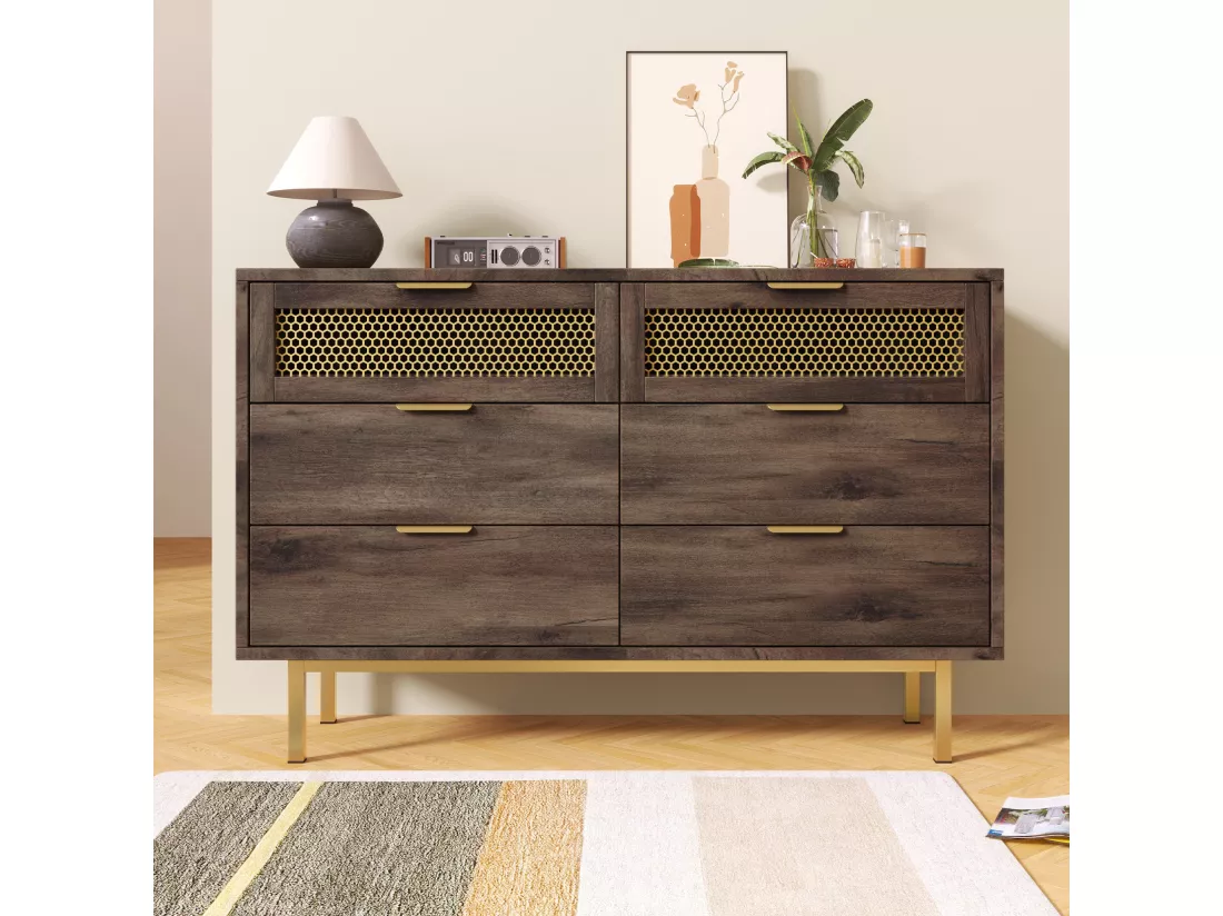 Commode avec 6 tiroirs, 120 x 40 x 76 cm, Panneaux de particules + métal, Marron foncé