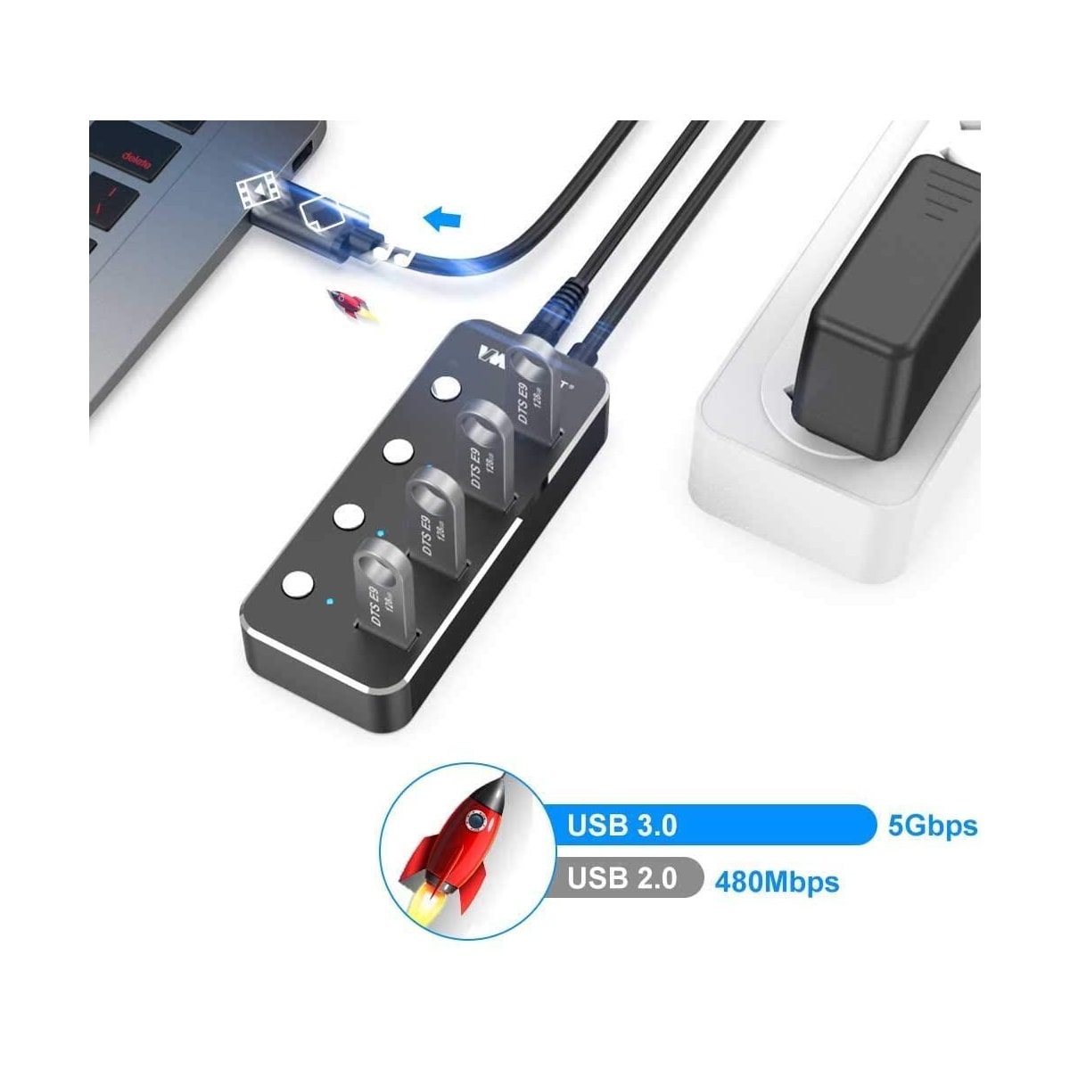 NÖRDIC drevet 4-ports hub USB-C 3.0 5Gbps med individuell bryter 25 cm kabel aluminium svart med strømforsyning