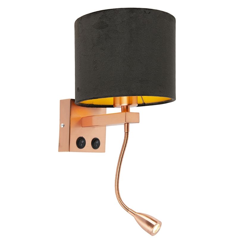 Moderne wandlamp koper met kap velours zwart - Brescia