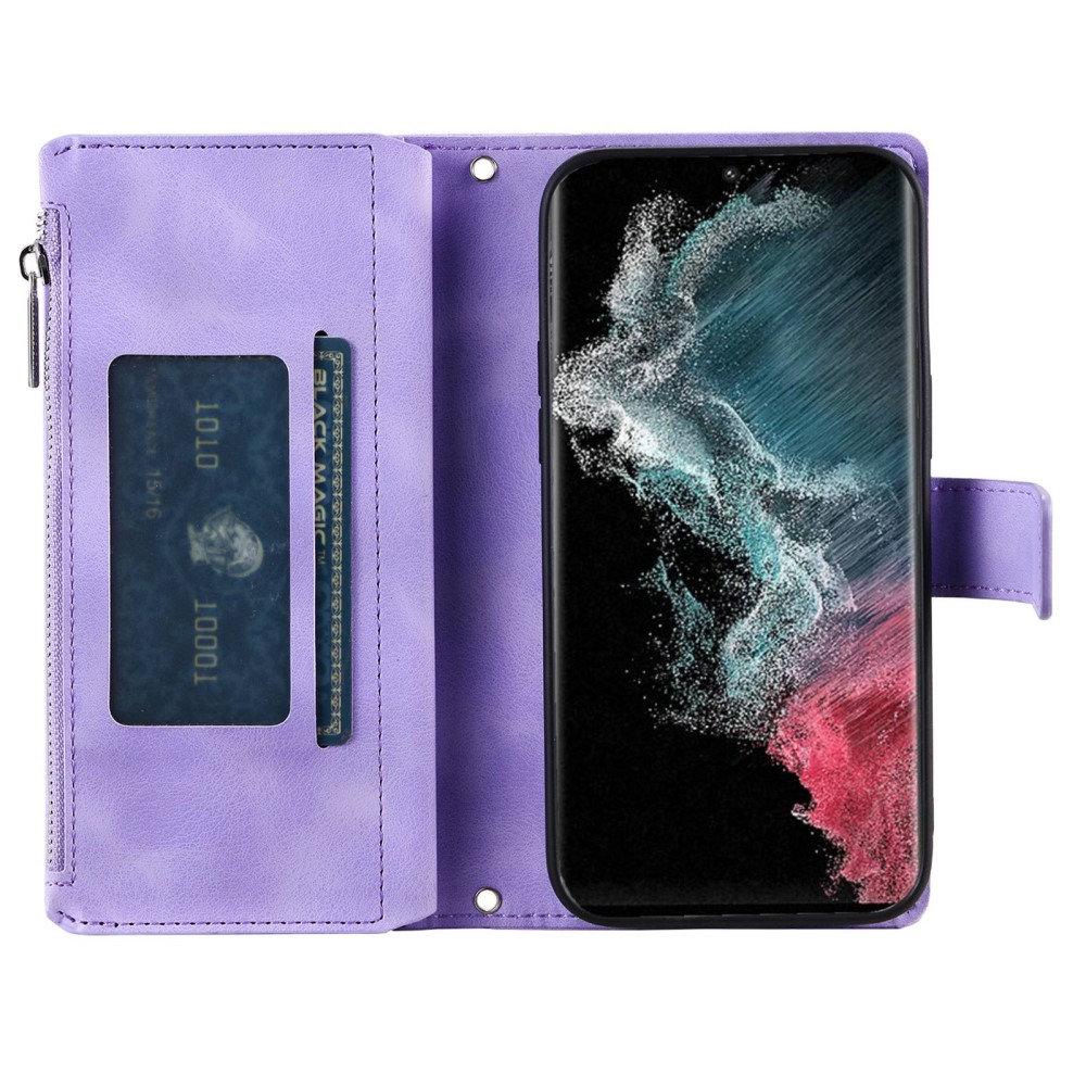 Samsung Galaxy S23 Ultra 5G Leder Tasche Flip Cover mit Reissverschluss - Mandala Flowers Imprint - Lila