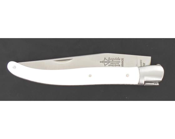 Laguiole 12 cm - Manche Blanc et Noir - Ressort guilloché - 1 mitre Couteau de Poche par l'Arbalète
