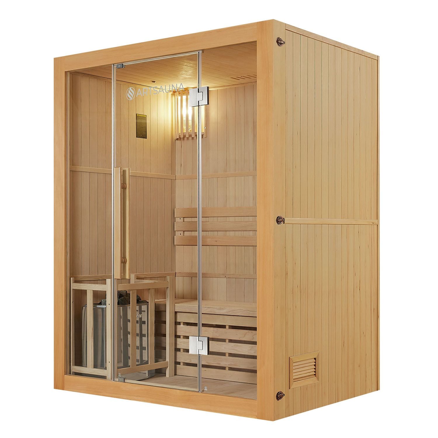 Artsauna Saunakabine Tampere mit Harvia Ofen – 2 Personen – Hemlock Holz & Glasfront – Inkl. Zubehör