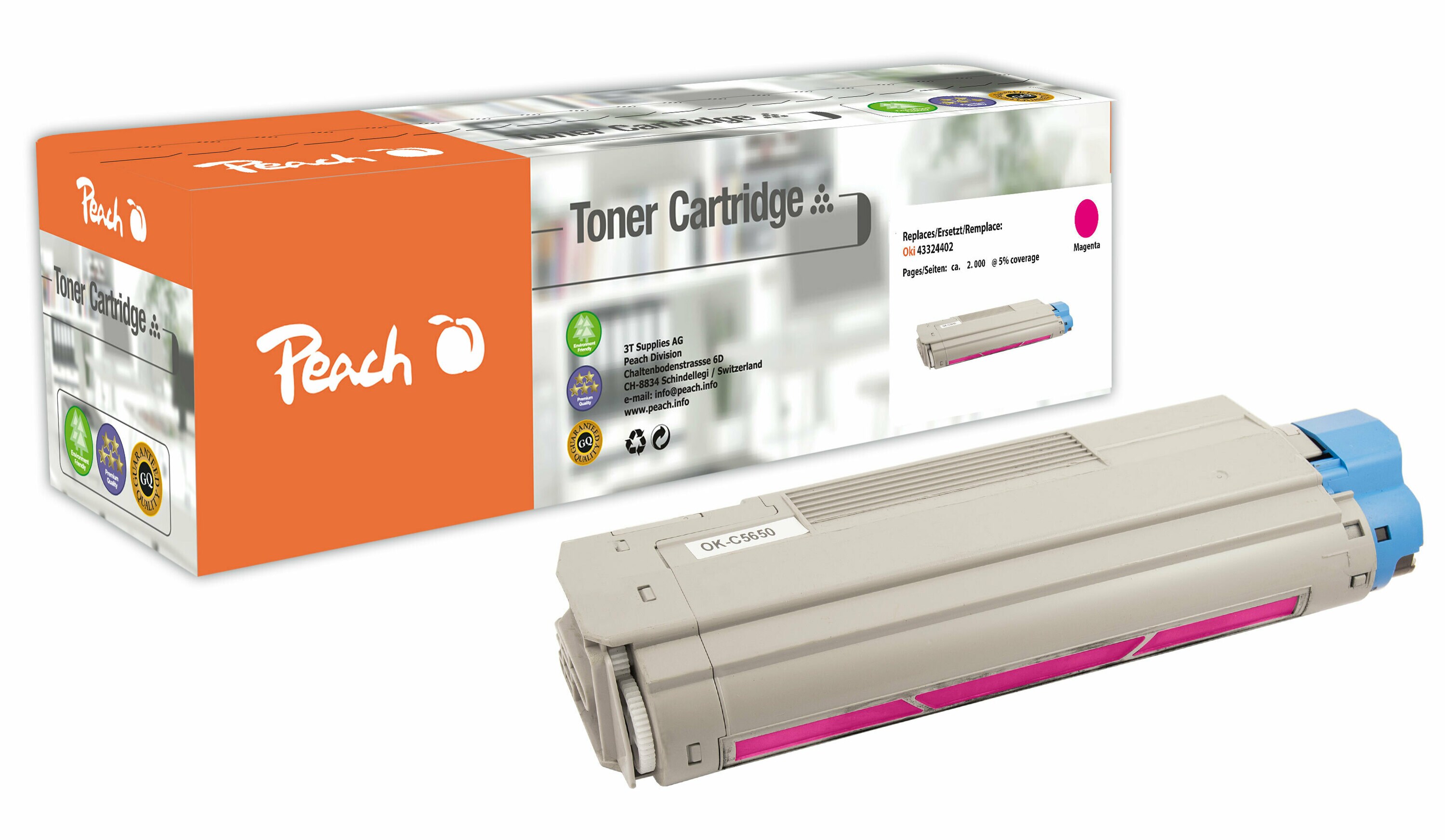 Peach O4386/87/36/85 Toner ma ersetzt OKI 43872306 für z.B. OKI C 5650, OKI C 5650 DN, OKI C 5650 N, OKI C 5750, OKI C 5750 DN, OKI C 5750 N (wiederaufbereitet)