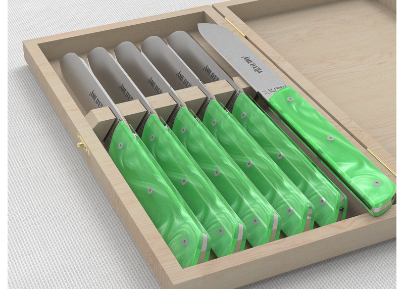 Service de 6 couteaux de table avec un manche en Madreperlato Vert Clair et lame en acier inoxidable