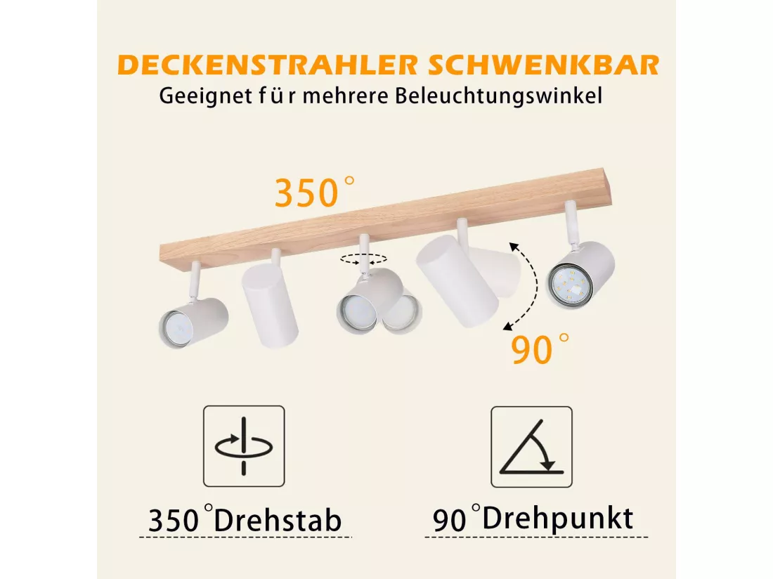 NETTLIFE Spot de Plafond 5 Flammes Bois Blanc Vintage GU10 Orientable 350°