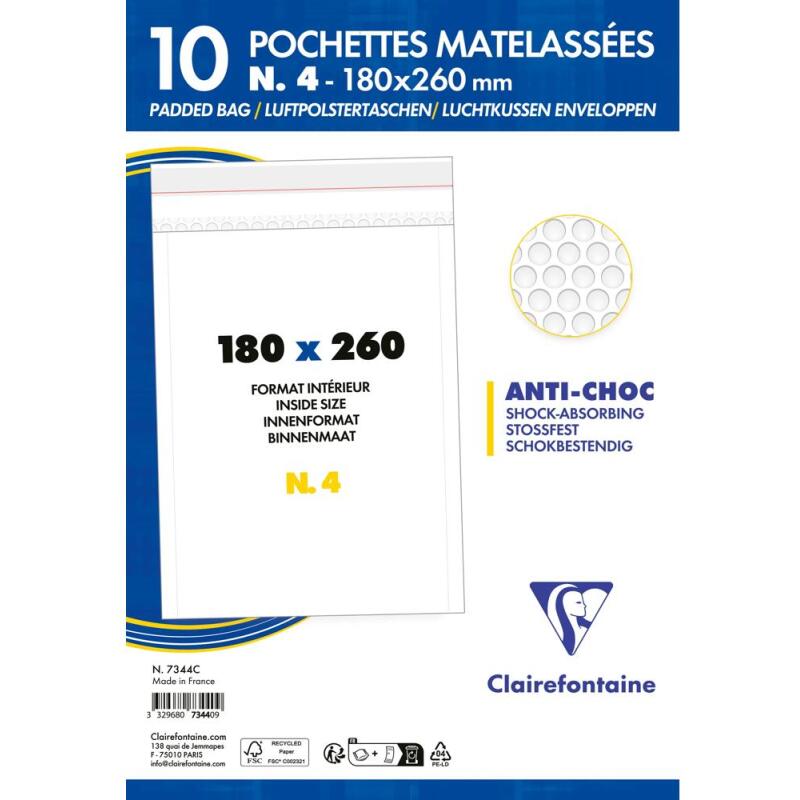 Paquet de 10 Pochettes Blanches Matelassées de Film à Bulles 180x260 mm - Auto-adhésives - Blanc
