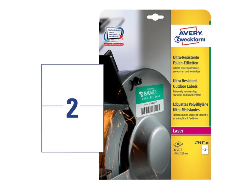 Avery L7916-10 - Polyethylen (PE) - permanent klæbemiddel - hvid - A5 (148 x 210 mm) 20 etikette(r) (10 rulle(r) x 2) filmmærkater