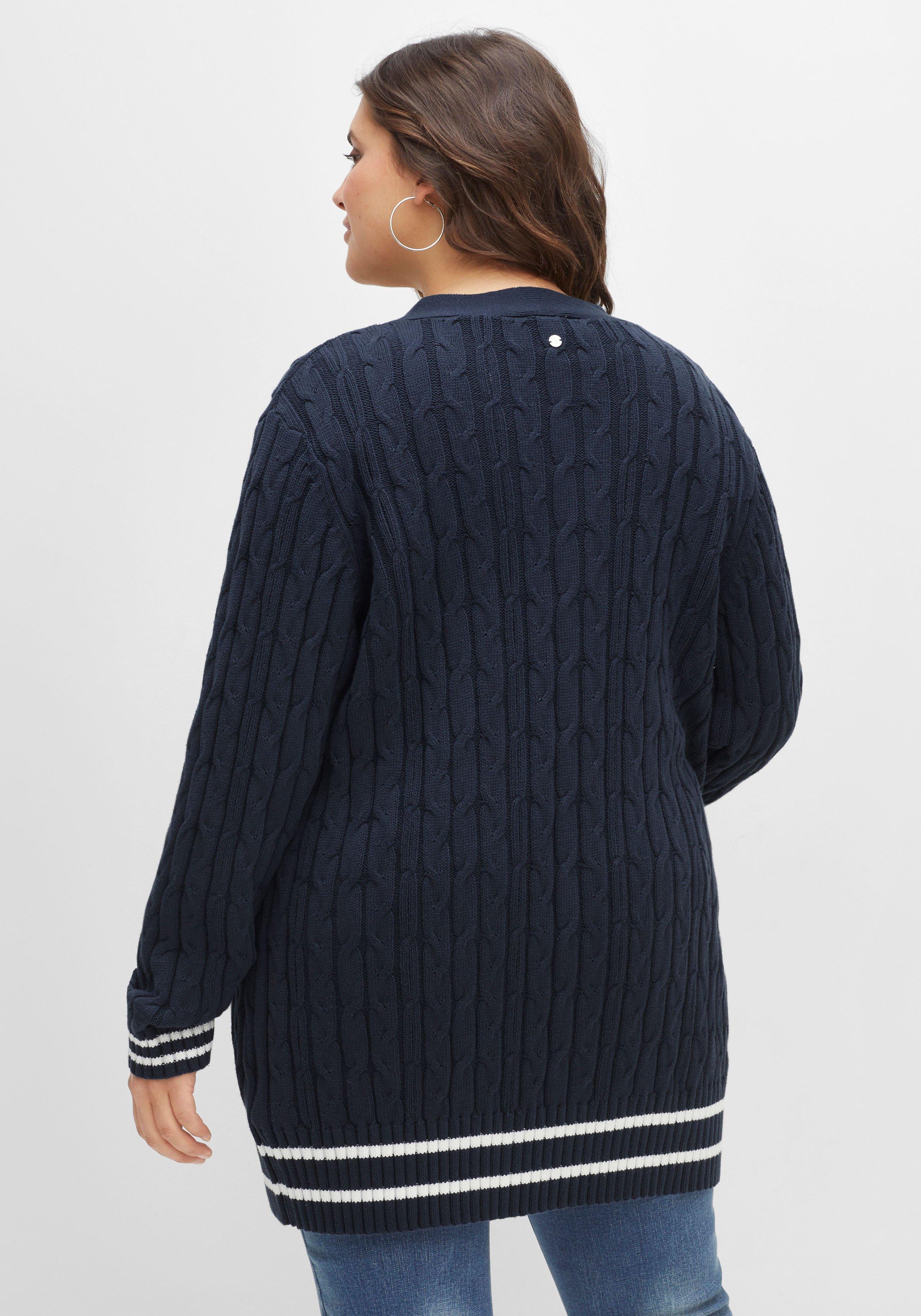 Longstrickjacke im Zopfmuster, mit Streifen-Bündchen