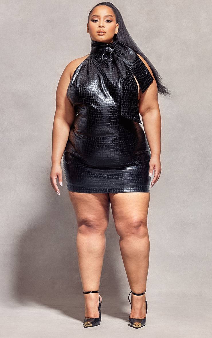Robe Moulante En Synthétiquecuir Effet Croco Avec Nœud Grande Taille