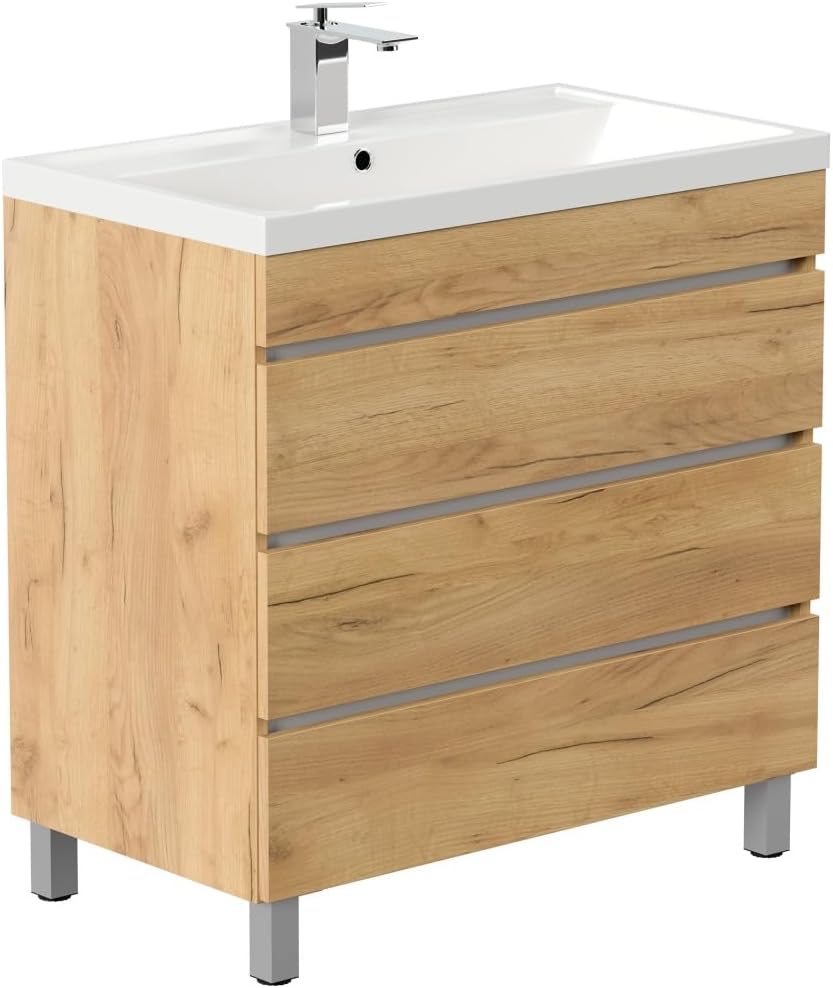 Magnolia Home Stand Badmöbel Via 80 SoftClose mit DREI grifflosen Schubladen Farbe Eiche Gold