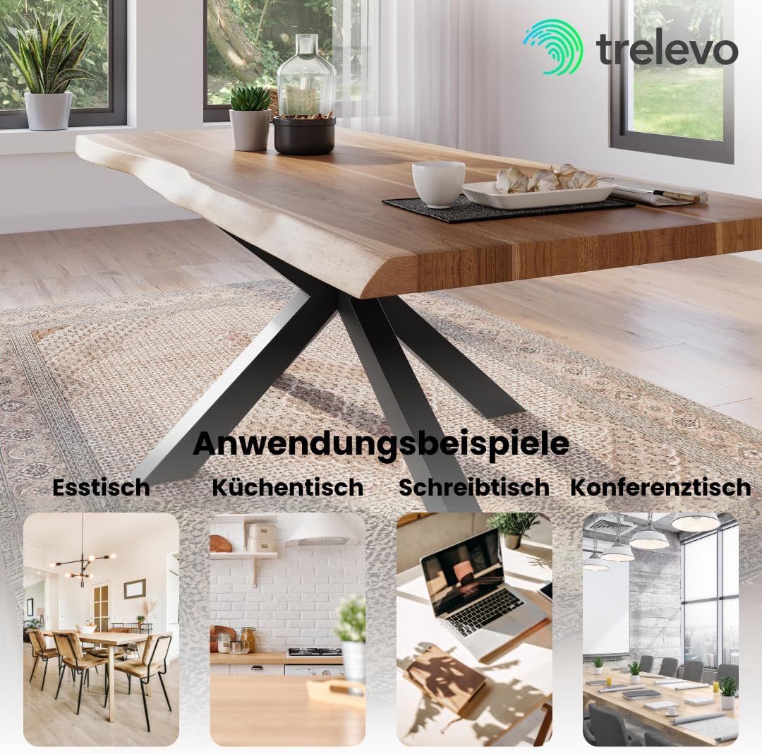 Esszimmertisch 220x100 cm, Akazienholz massiv, Tischplatte naturfarben, echte Baumkante, Spider Gestell schwarz, Baumkantentisch
