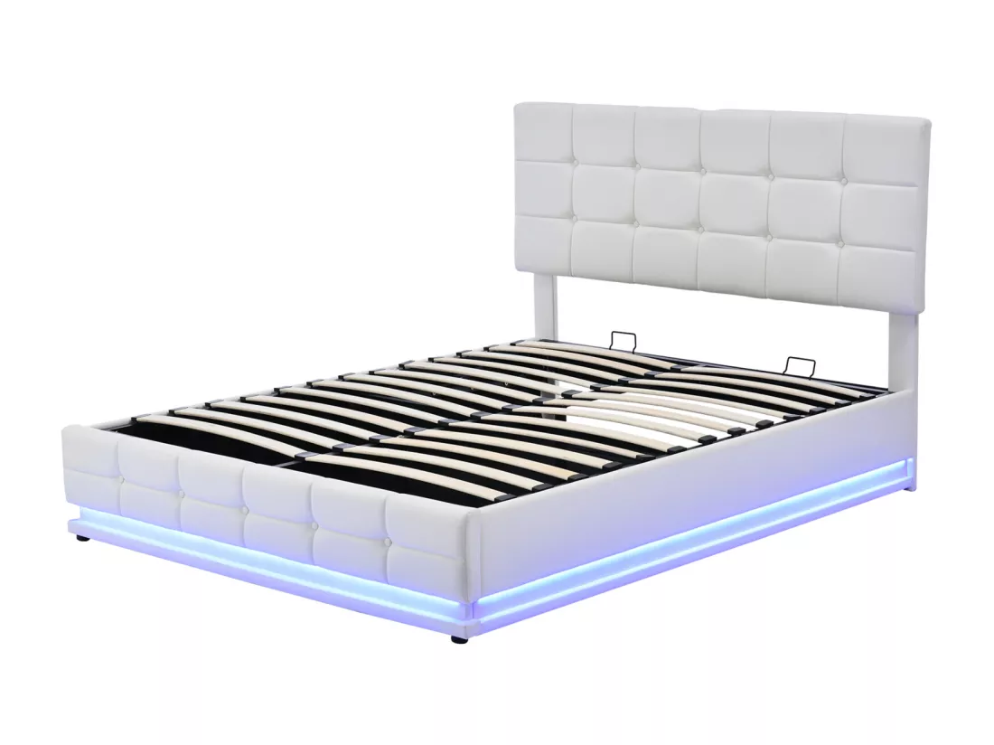 Lit coffre 140x200 cm avec tête de lit carré, éclairage LED et coffre de lit, relevage hydraulique, sommier à lattes, lit adulte style contemporain, simili cuir - Blanc