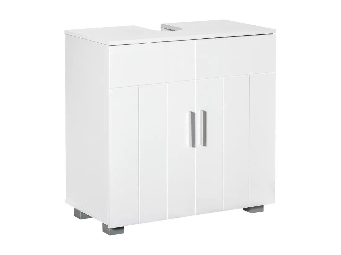 Meuble vasque - meuble sous-vasque - 2 portes rainurées, 2 étagères - poignées alliage aluminium - dim. 60L x 30l x 60H cm - MDF blanc