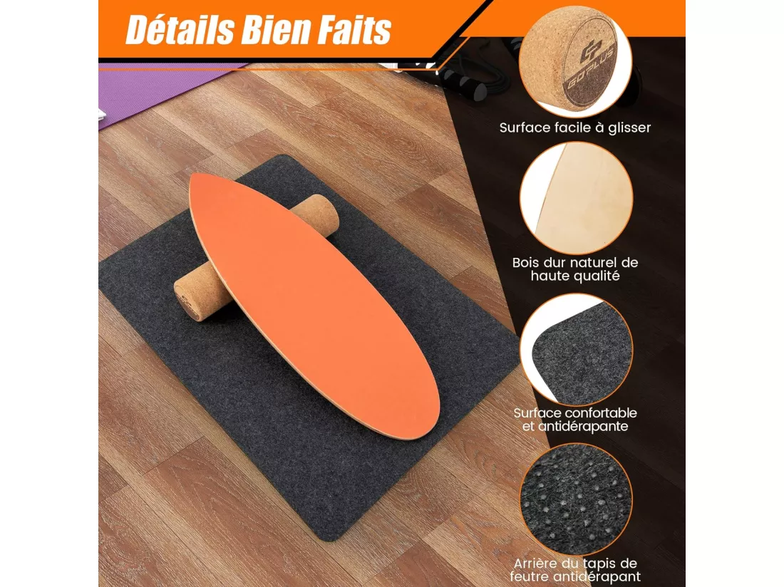 Planche d’Équilibre en Bois avec Rouleau et Tapis Antidérapant Charge 227 KG
