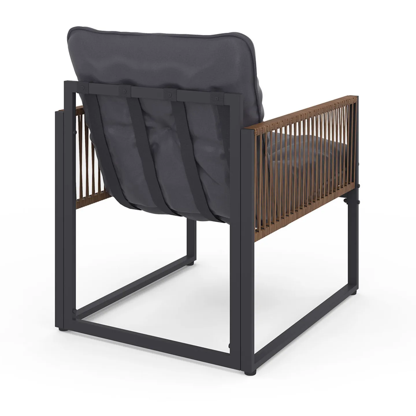 Salon de jardin bas RIO 4 places structure métal gris anthracite, cordage rotin et coussins gris