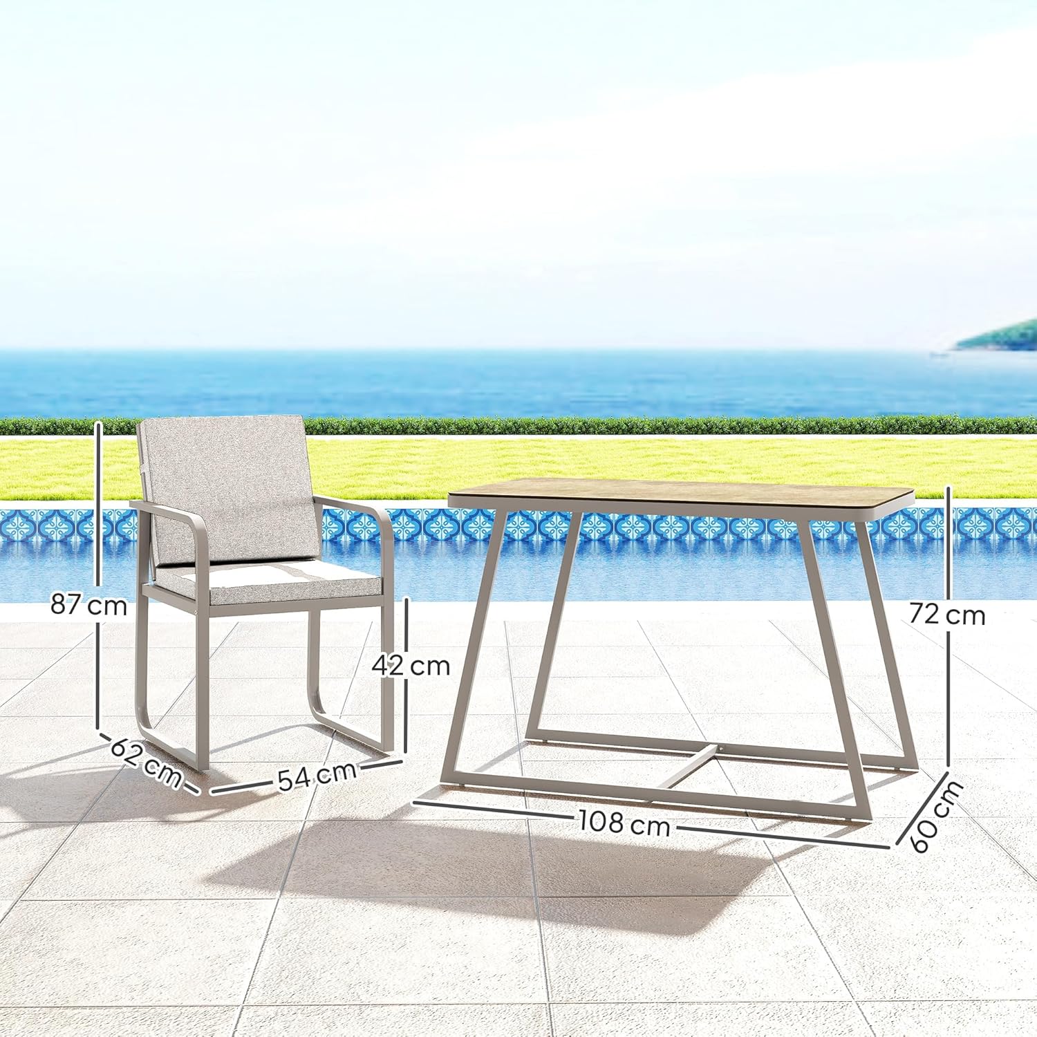 Outsunny Sitzgruppe 3-teilig Essgruppe Glastisch für 2 Personen mit 2 Stühlen Sitzkissen Küchentisch-Set mit Esstisch Esszimmergruppe Gartenmöbel Balkonmöbel für Esszimmer, Terrasse Balkon Hellgrau