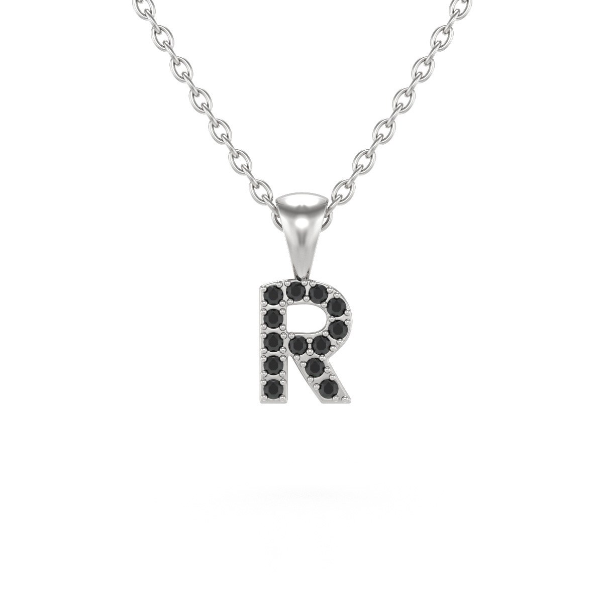 Collier Pendentif ADEN Lettre R Or 750 Blanc Diamant Noir Chaine Or 750 incluse 0.72grs