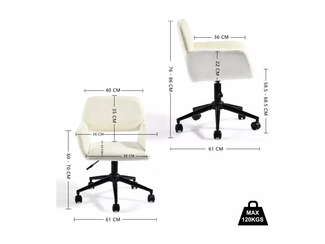 URBAN MEUBLE Chaise de bureau en tissu éponge beige, réglable en hauteur, rotation à 360°