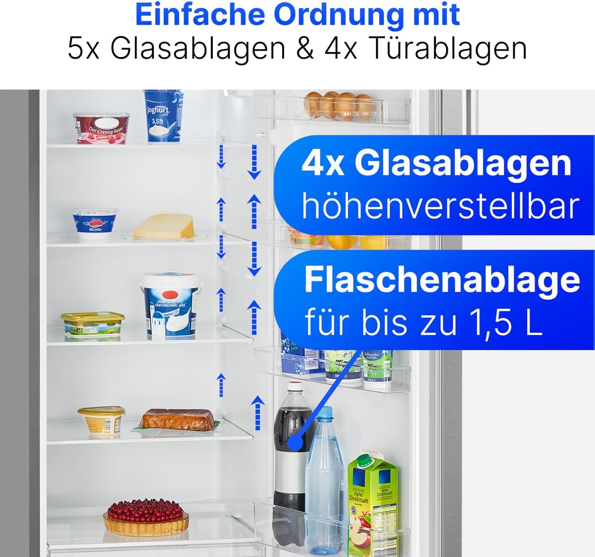 Bomann® Kühlschrank ohne Gefrierfach | Energieklasse E | 143cm | 5 Ablagen | 0°C ~ +8°C | leise 40dB | Getränkekühlschrank | 242L Flaschenkühlschrank | Kühlschrank groß | VS 7316.1 inox