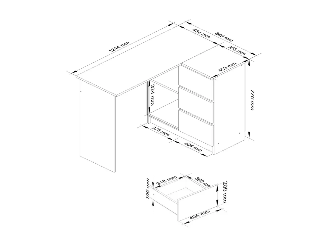 Bureau AKORD d'angle droit B16 Gris Graphite 124 cm 3 tiroirs façade Blanche 2 étagères 124x85x77 cm
