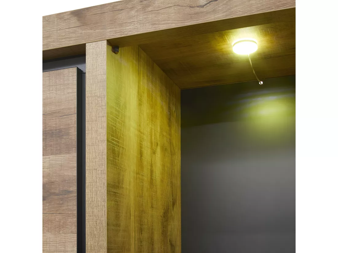 ANTONIN - Argentier 2 Portes et 1 Vitrines Aspect Bois Finition Tropix et Noir avec Eclairage Leds
