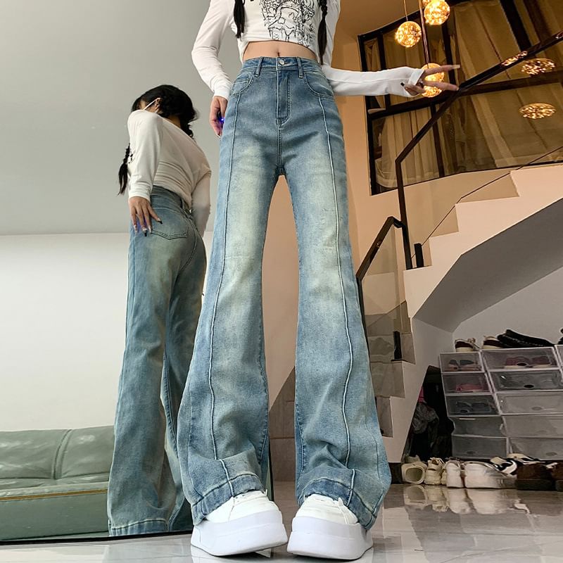 Baoinie - High Rise Washed Flared Jeans