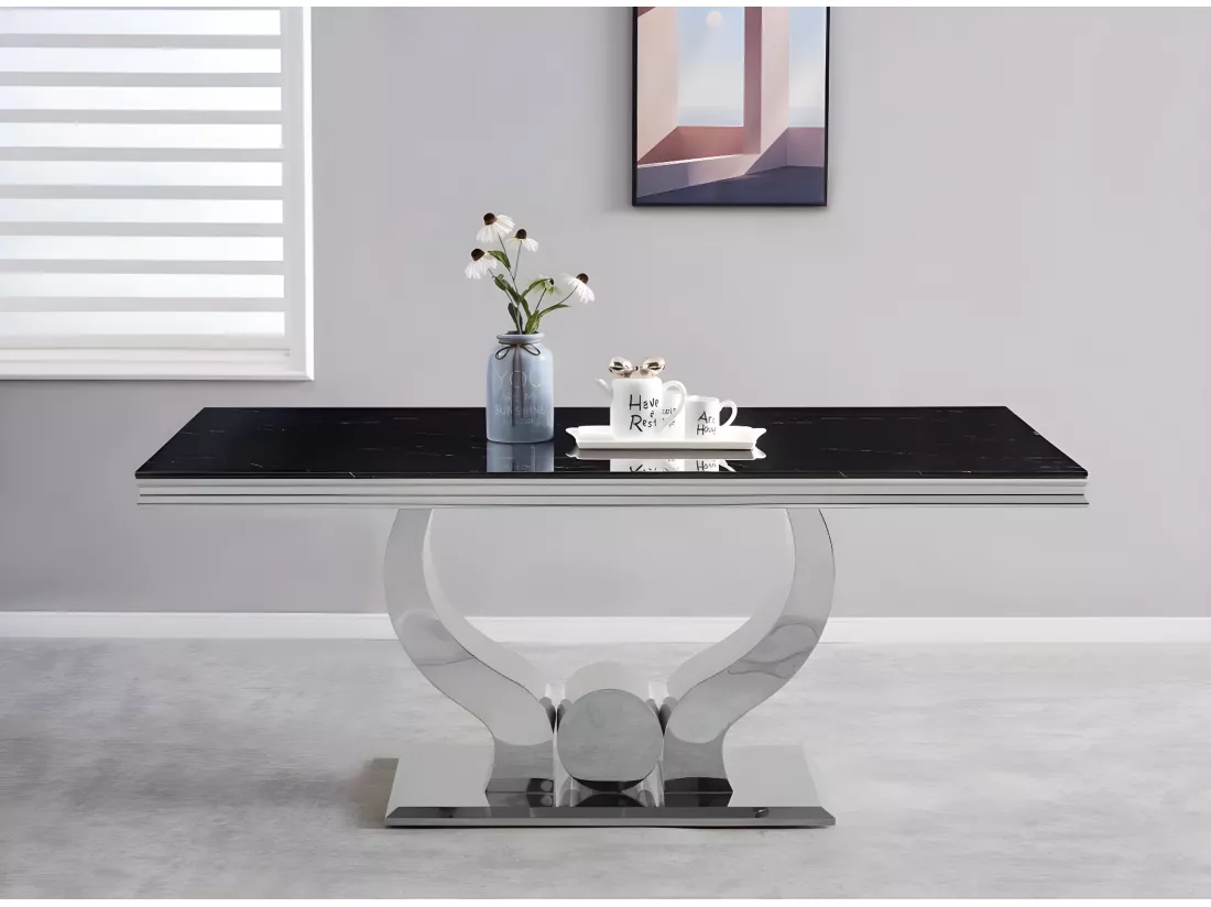 Table a manger trofy chrome marbré noir 180x90x75cm
