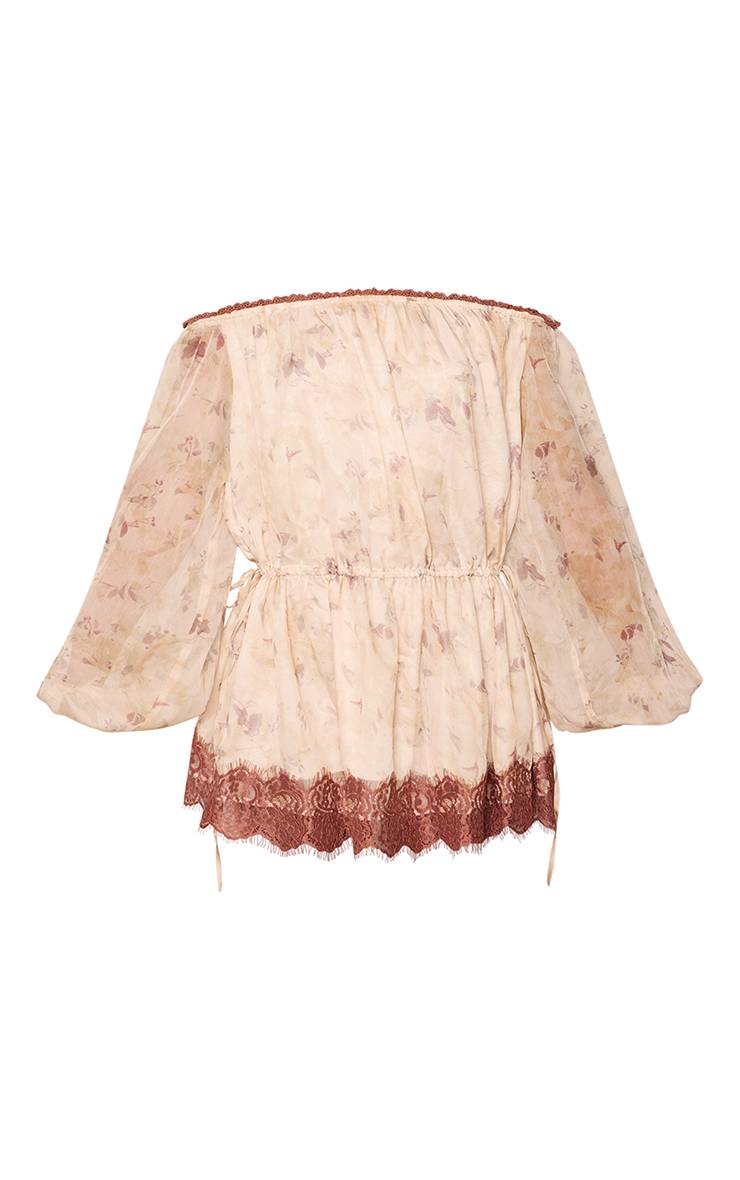 Citron Robe Courte À Encolure Bardot Avec Manches Longues Bouffantes En Mousseline Fleurie Et Finitions En Dentelle