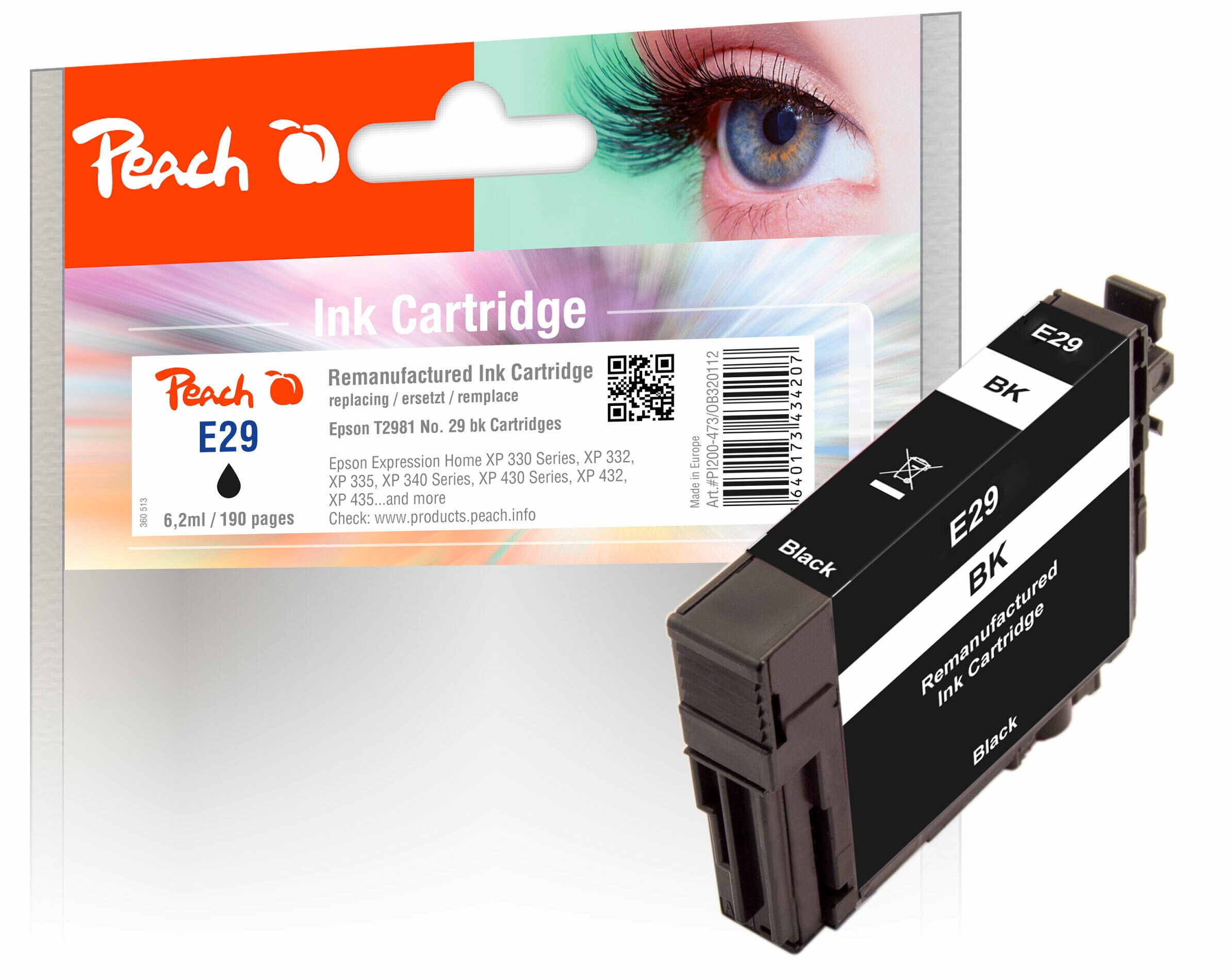 Peach E29Druckerpatrone bk ersetzt Epson T2981, No. 29 bk, C13T29814010 für z.B. Epson Expression Home XP -235, Epson Expression Home XP -330 (wiederaufbereitet)