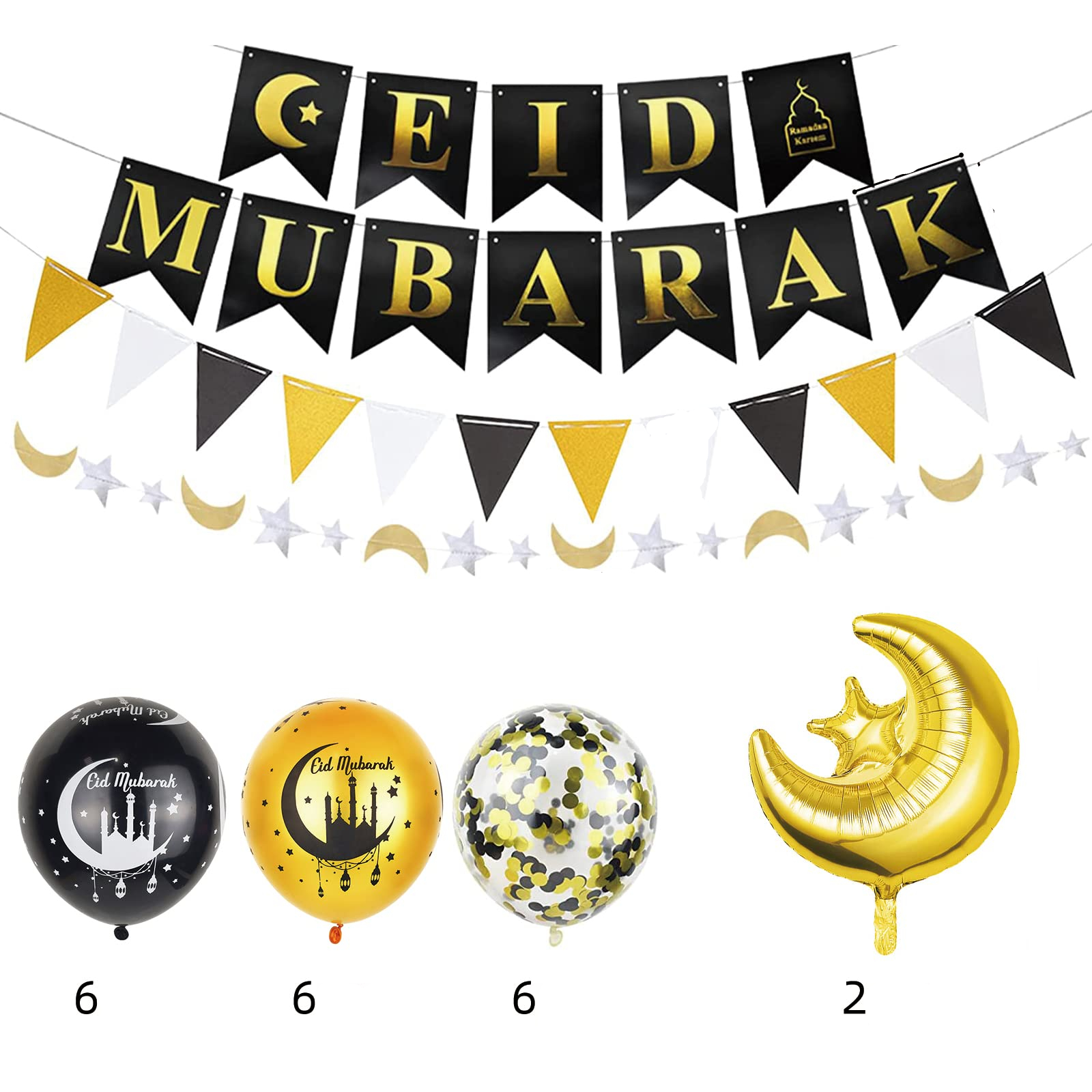 (23-tlg. Set) Ramadan Girlande Eid Mubarak Party Deko   Latex- & Folien Luftballons / Wimpelkette - Gold / Schwarz
