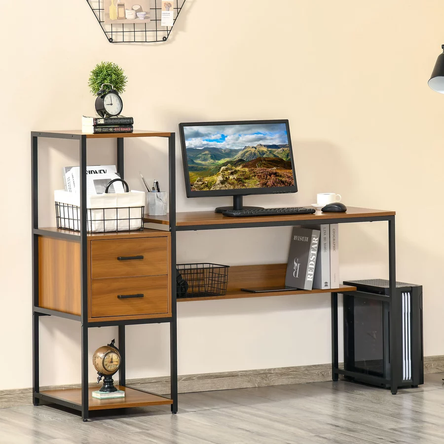 HOMCOM Schreibtisch mit 2 Schubladen natur, schwarz