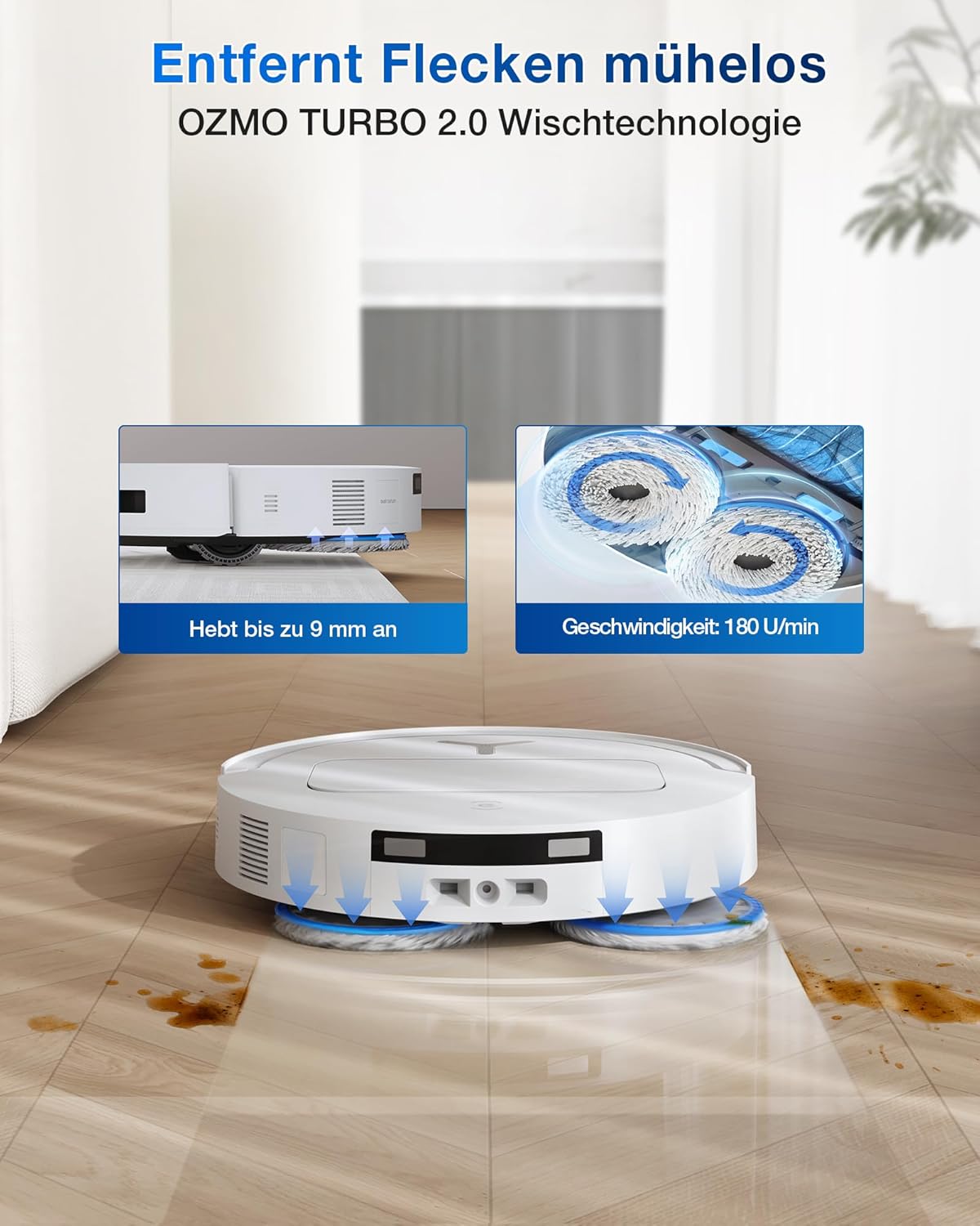 ECOVACS DEEBOT T50 Omni Gen2 Saugroboter mit Wischfunktion, 21.000 Pa, Ausziehbare Seitenbürste und Mopp, ZeroTangle 2.0, Moppwäsche mit 75°C heißem Wasser, All-in-One Station, ultradünn 81 mm, Weiß