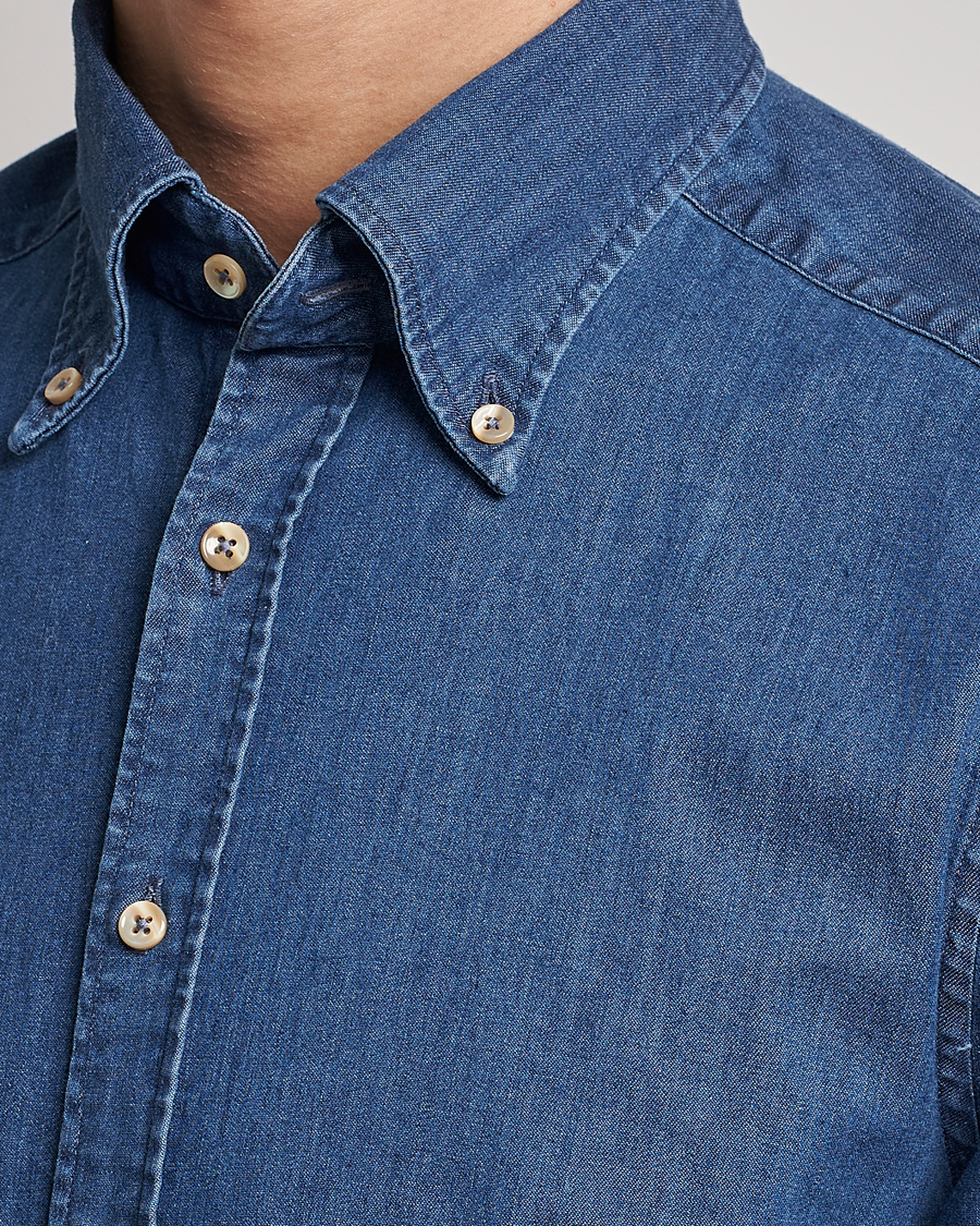 Stenströms Slimline Button Down Garment Washed Shirt Mid Blue Denim
