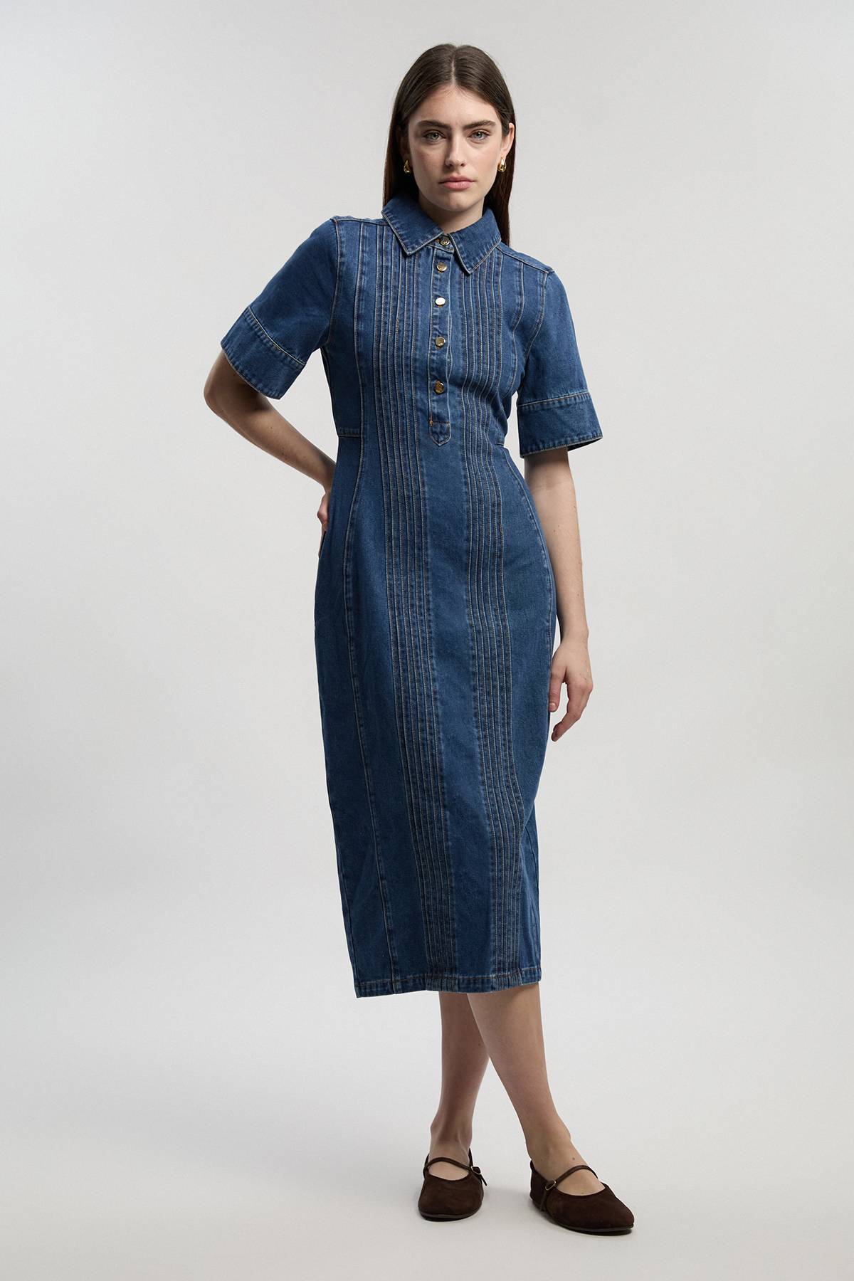 KarenMillen Robe Crayon Midi En Denim Avec Détails De Coutures Corset Petite