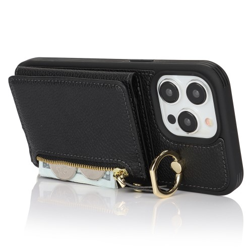 iPhone 13 Pro Necklace Leder Hülle mit Münzfach und Kartenfächer   Finger Griff Halterung   Handykette - Schwarz