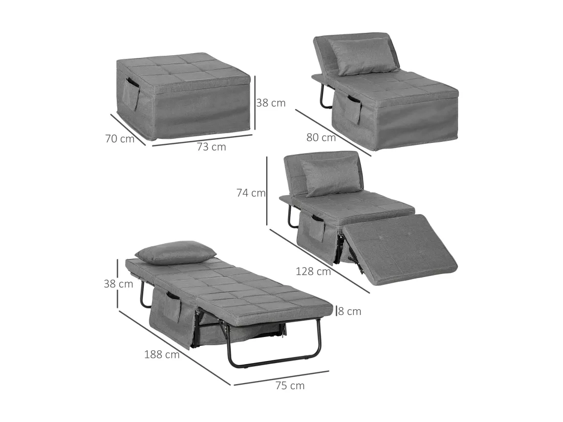 Fauteuil relax canapé pouf lit d'appoint 4 en 1 dossier inclinable 5 niveaux repose-pied rabattable châssis acier noir polyester gris
