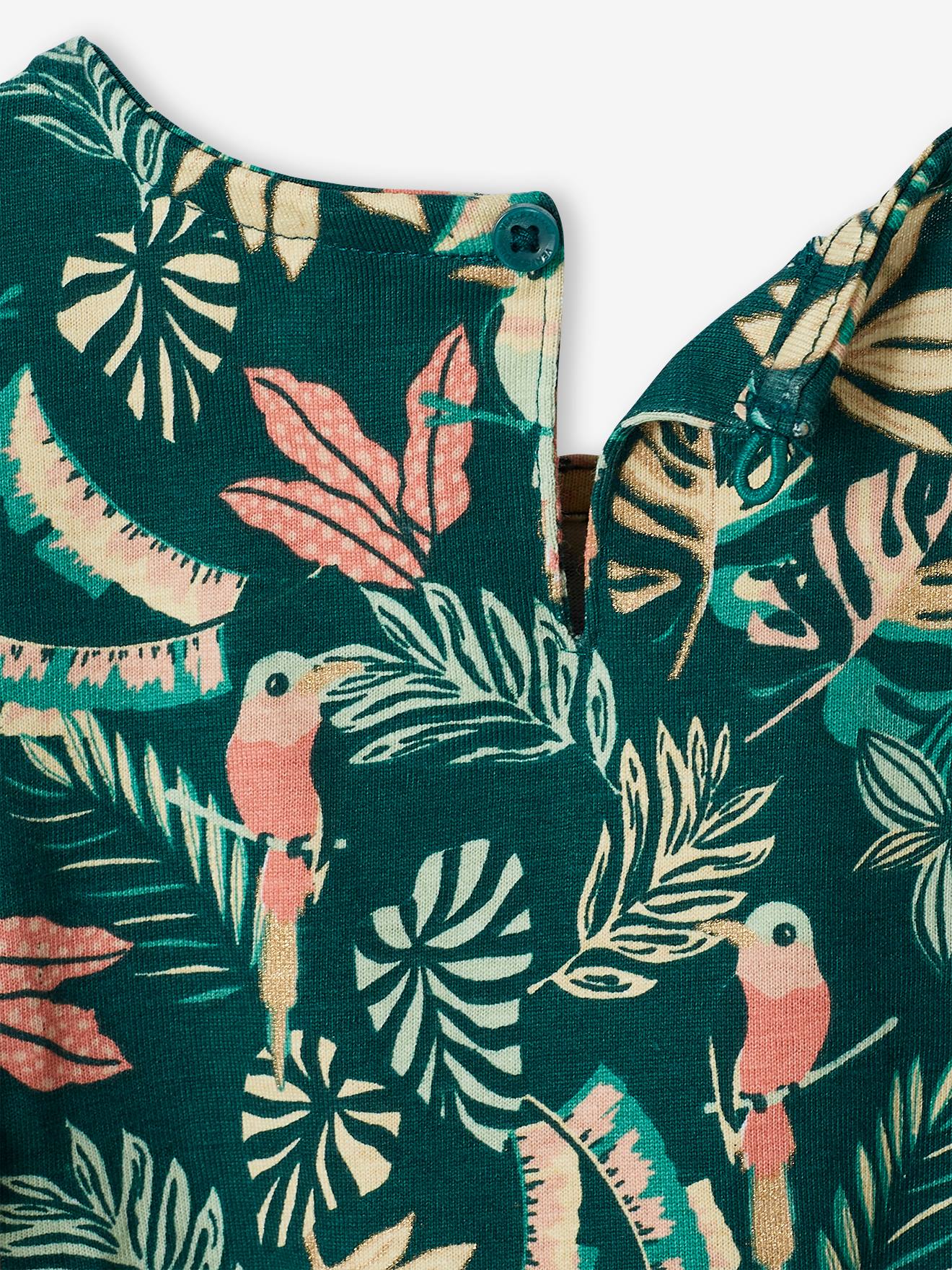Vestido estampado com babados, para meninas, estampa verde escura