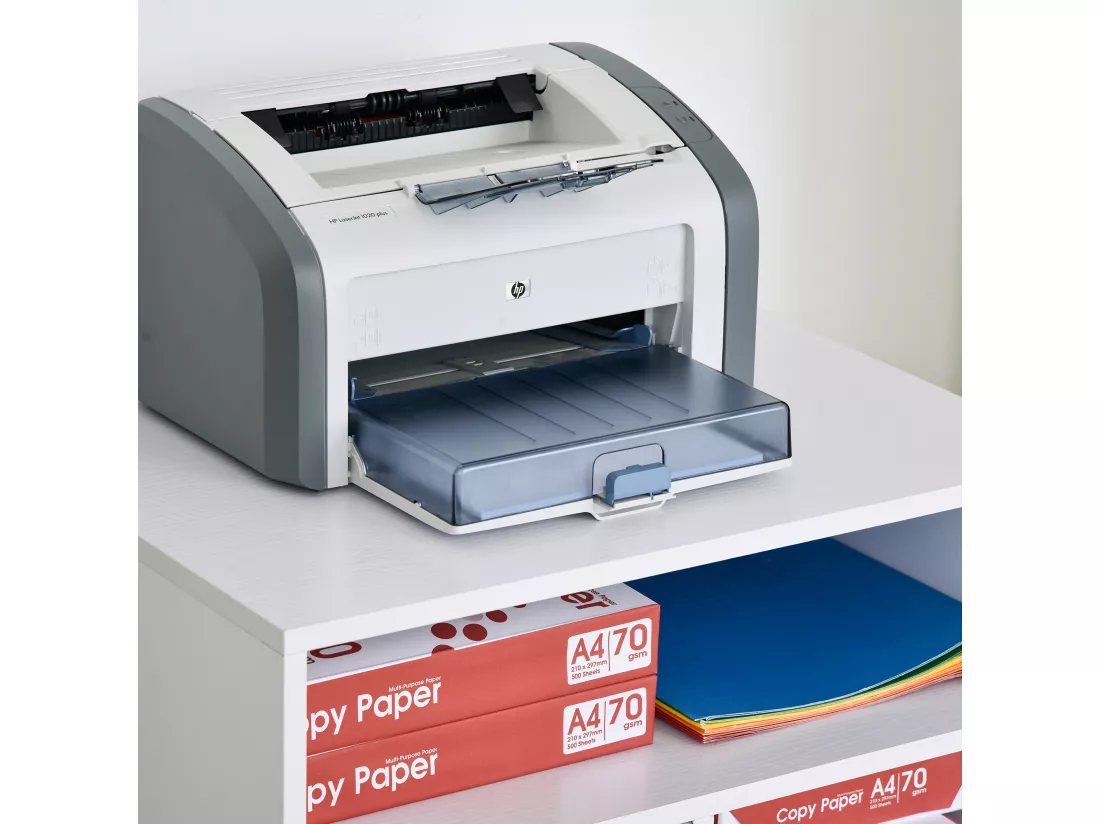 HOMCOM Support d'imprimante organiseur bureau caisson placard porte 3 niches + grand plateau panneaux particules blanc