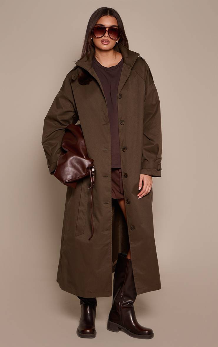 Dark Khaki Trench-coat À Col Montant