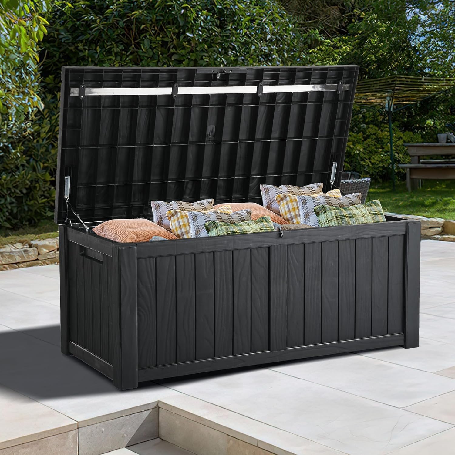 EAZILIFE 430L Garden Storage Box Outdoor Indoor Plastic Store Box/Bench Seat for Cushions, Toys, Games, DIY Pool Equipment - 125x56x61 Dark Grey Heavy Duty