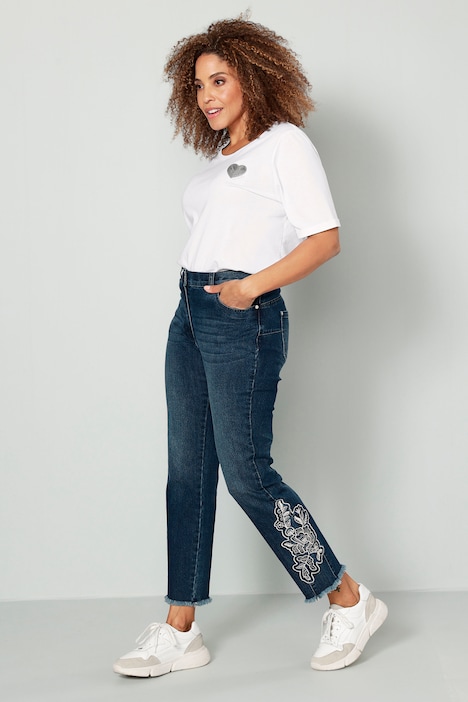 7/8-Jeans, Slim Fit, Saum-Stickerei, 5-Pocket