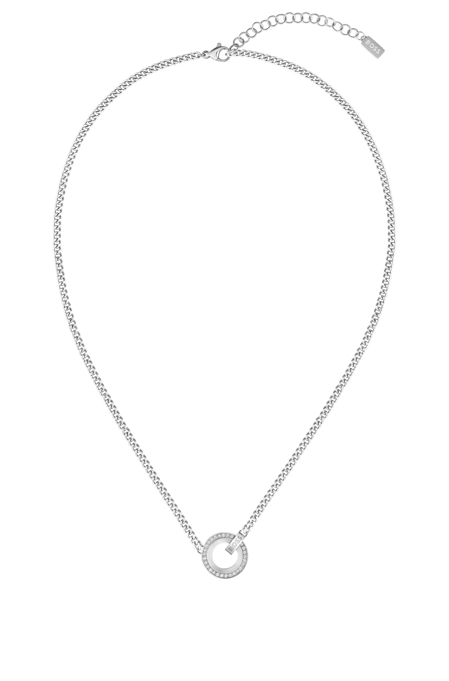 Colar BOSS Black-Chain com anel de cristal e elo com a marca.