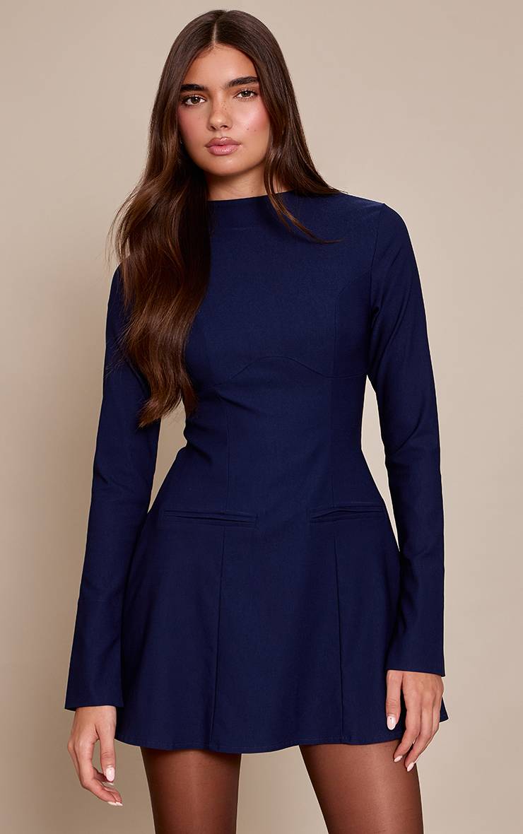 Bleu Marine Robe Droite En Tissu Extensible À Encolure Bateau Et Manches Évasées